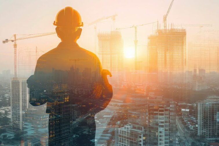 Double exposure image of construction worker holding safety helmet and construction drawing against the background of surreal construction site in the city.